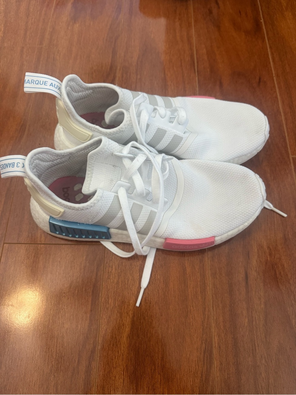 adidas White NMD R1 Sneakers with Pink & Blue Accents